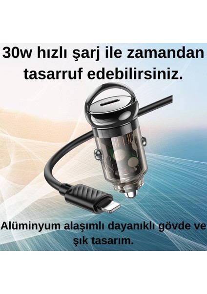 PD30W Araç Çakmaklık Şarjı ve Iphone Şarj Kablosu Iphone 11 12 13 14 Pro Max Uyumlu Şarj Başlık