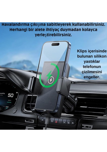 Wireless Magsafe 15W Kablosuz Araç Şarjı Telefon Tutucu Iphone 12 13 14 15 Pro Max Uyumlu modelleri