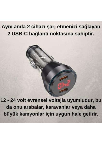 Super Şarj Dijital Göstergeli Çift Type-C Girişli PD60W Araç Şarjı Araç Çakmaklık Hızlı Şarj fırsatları
