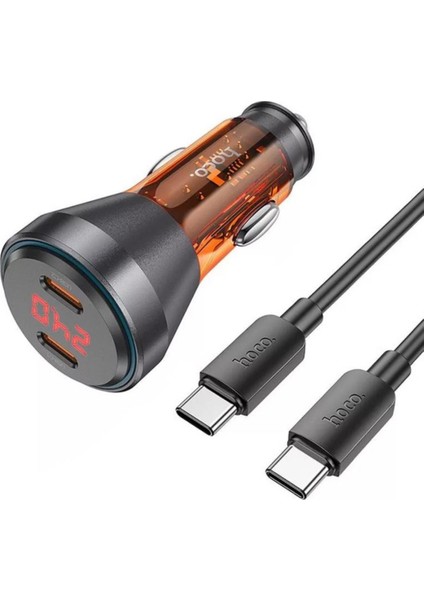 Super Şarj Dijital Göstergeli Çift Type-C Girişli PD60W Araç Şarjı ve Type-C Şarj Kablosu