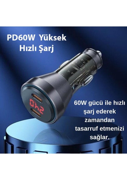 Super Şarj Dijital Göstergeli Çift Type-C Girişli PD60W Araç Şarjı ve Type-C Şarj Kablosu