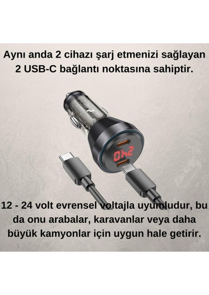 Super Şarj Dijital Göstergeli Çift Type-C Girişli PD60W Araç Şarjı ve Type-C Şarj Kablosu