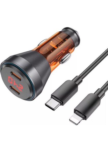 Super Şarj Dijital Göstergeli Çift Type-C Girişli PD60W Araç Şarjı ve Iphone Şarj Kablosu