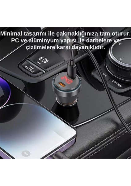 Super Şarj Dijital Göstergeli Çift Type-C Girişli PD60W Araç Şarjı ve Iphone Şarj Kablosu