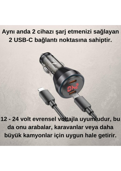 Super Şarj Dijital Göstergeli Çift Type-C Girişli PD60W Araç Şarjı ve Iphone Şarj Kablosu