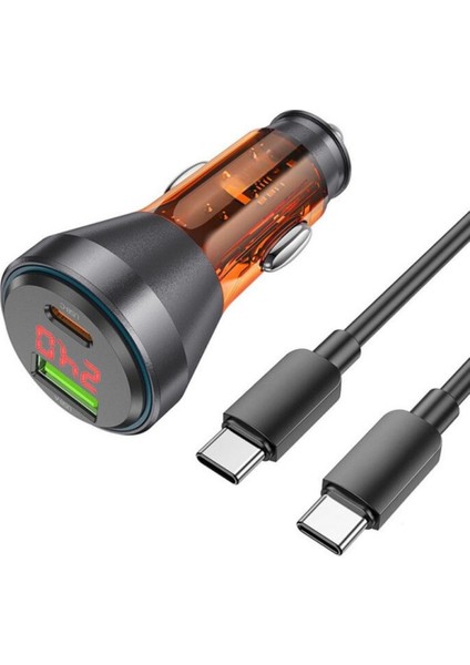 Super Şarj Dijital Göstergeli Usb+Type-C Giriş PD48W Araç Çakmaklık Şarjı Type-C Şarj Kablosu