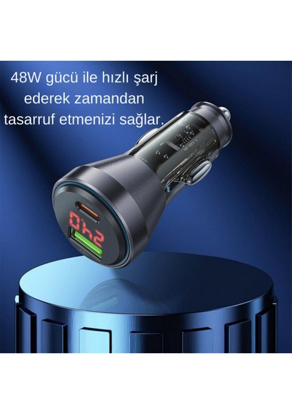 Super Şarj Dijital Göstergeli Usb+Type-C Giriş PD48W Araç Çakmaklık Şarjı Type-C Şarj Kablosu
