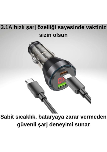 Super Şarj Dijital Göstergeli Usb+Type-C Giriş PD48W Araç Çakmaklık Şarjı Type-C Şarj Kablosu
