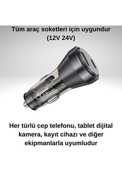 Super Şarj Dijital Göstergeli Usb+Type-C Giriş PD48W Araç Çakmaklık Şarjı Araç Hızlı Şarj Aleti