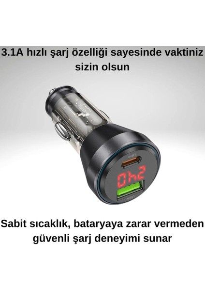 Super Şarj Dijital Göstergeli Usb+Type-C Giriş PD48W Araç Çakmaklık Şarjı Araç Hızlı Şarj Aleti