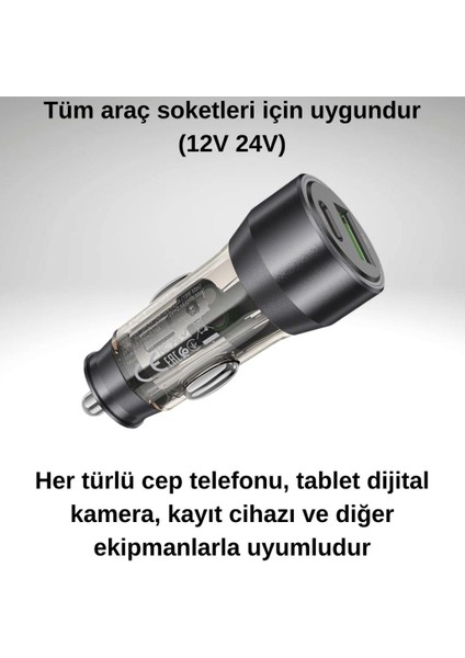 Super Şarj Usb+Type-C Giriş PD43W Araç Çakmaklık Şarjı Araç Hızlı Şarj Tüm Araçlara Uyumlu