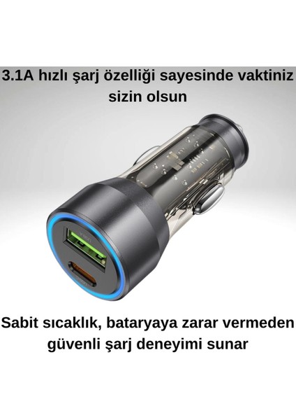 Super Şarj Usb+Type-C Giriş PD43W Araç Çakmaklık Şarjı Araç Hızlı Şarj Tüm Araçlara Uyumlu