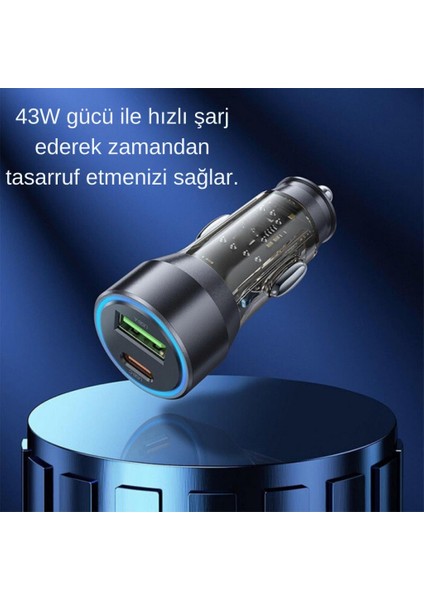 Super Şarj Usb+Type-C Giriş PD43W Araç Çakmaklık Şarjı Araç Hızlı Şarj Tüm Araçlara Uyumlu