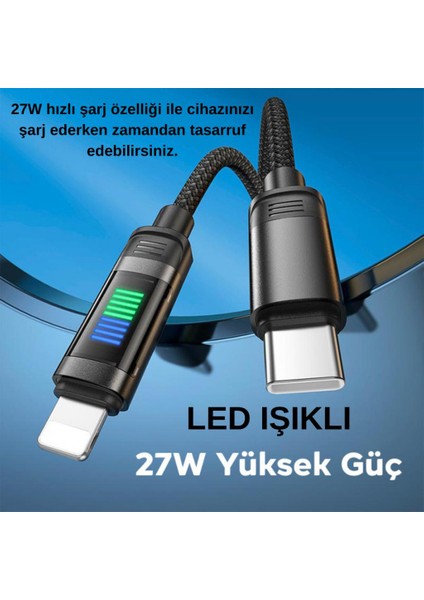 Super Şarj Örgü Halar 27W Type-C To Iphone Şarj Kablosu Iphone 11 12 13 14 Pro Max Şarj Kablo