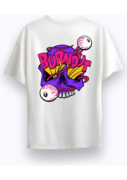 Unisex Oversize Bisiklet Yaka Baskılı Kısa Kollu Beyaz Tişört