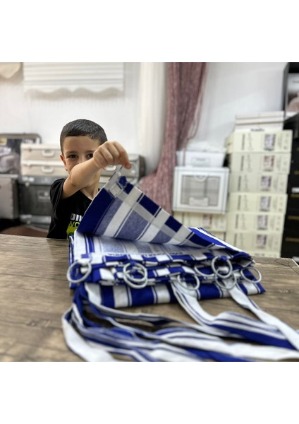 Halkalı Mavi-Beyaz Çizgili Özel Dikim Lüks Branda Balkon Perdesi modelleri