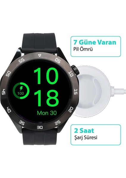 HT04 Akıllı Saat 46 mm Siyah Silikon Kordon Çinko Alaşım Kasa