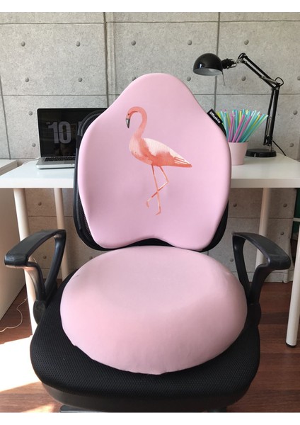 Officekup Visco Gamer Oyuncu Bel Yastığı ve Yuvarlak Oturma Minderi 2'li Set Pembe Flamingo Somon