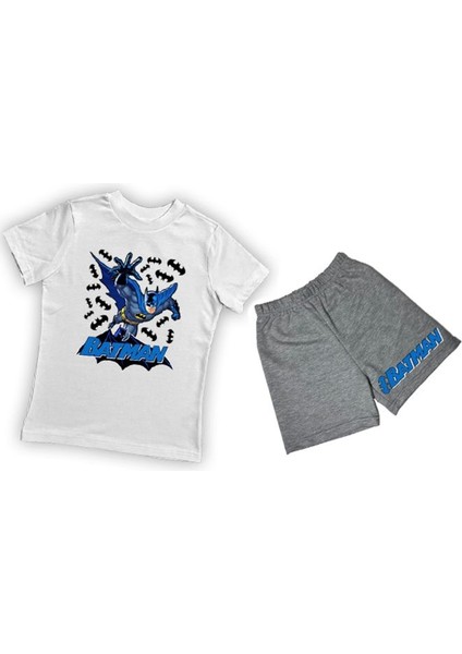 Unisex Batman Baskılı Pamuklu Kumaş Kısa Kollu Şortlu Ikili Çocuk Takımı