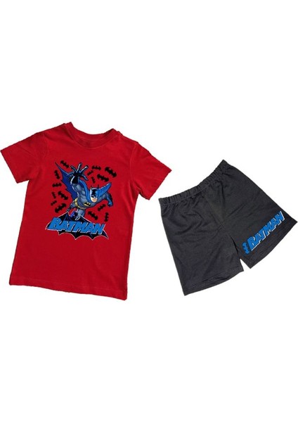 Unisex Batman Baskılı Pamuklu Kumaş Kısa Kollu Şortlu Ikili Çocuk Takımı