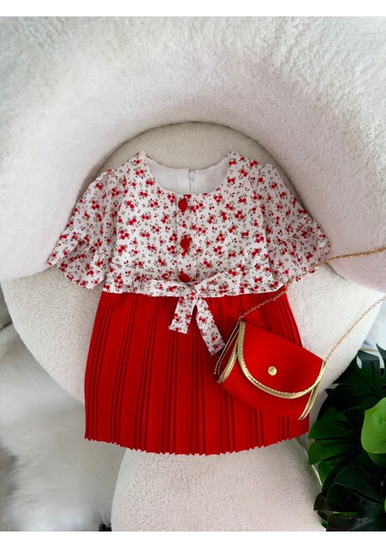Çantalı Pilise Şifon Çiçek Desenli elbise - Kırmızı