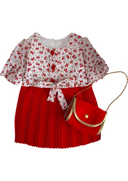 Çantalı Pilise Şifon Çiçek Desenli elbise - Kırmızı fiyatları