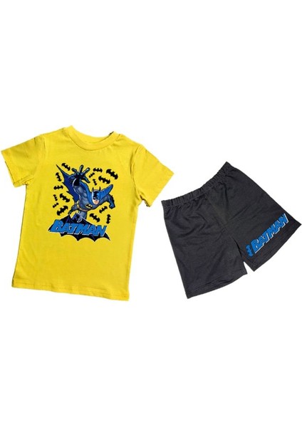 Unisex Batman Baskılı Pamuklu Kumaş Kısa Kollu Şortlu Ikili Çocuk Takımı