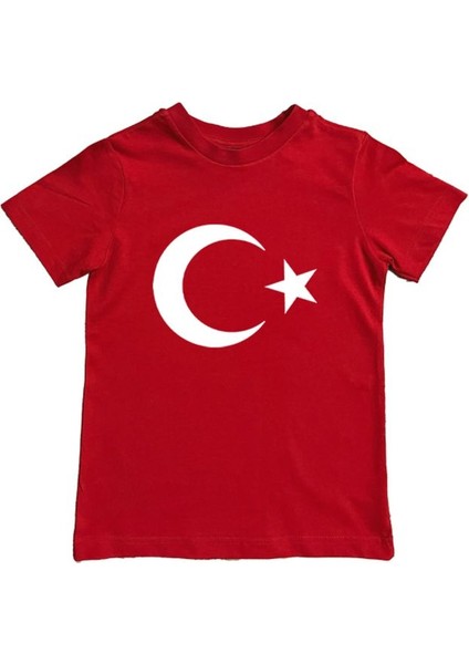 Unisex Baskılı Ay Yıldızlı Türk Bayrağı Pamuklu Penye Çocuk Tişörtü