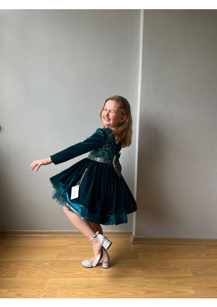 Kadife Çocuk Abiye Elbise Yeşil