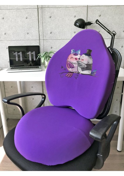 Officekup Visco Gamer Oyuncu Bel Yastığı ve Yuvarlak Oturma Minderi 2'li Set Mor Kuşlar