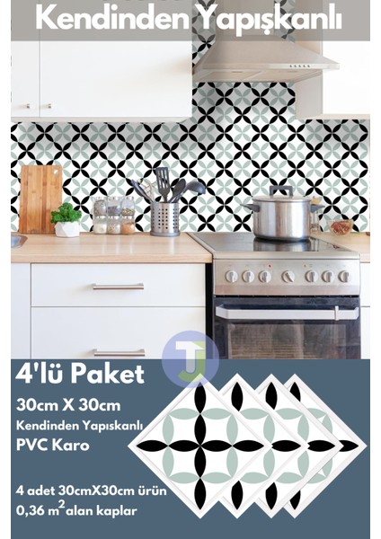 Kendinden Yapışkanlı Karo Pvc Mutfak Banyo Tezgah Kaplama Sticker 4 Adet 30 cm × 30 cm