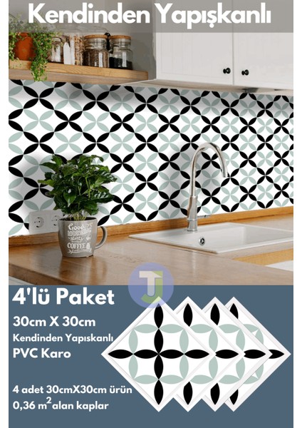 Kendinden Yapışkanlı Karo Pvc Mutfak Banyo Tezgah Kaplama Sticker 4 Adet 30 cm × 30 cm