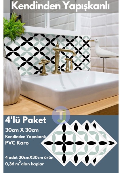 Kendinden Yapışkanlı Karo Pvc Mutfak Banyo Tezgah Kaplama Sticker 4 Adet 30 cm × 30 cm