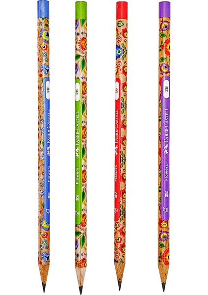 Renkli Flowers Çiçek Desenli Yuvarlak 2b Kurşun Kalem - 4 Adet fiyatları