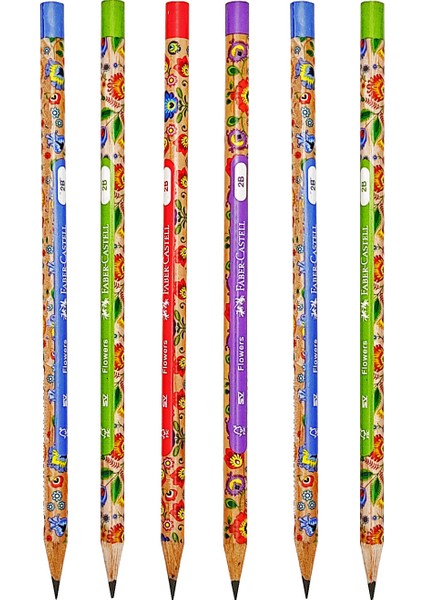 Renkli Flowers Çiçek Desenli Yuvarlak 2b Kurşun Kalem - 6 Adet