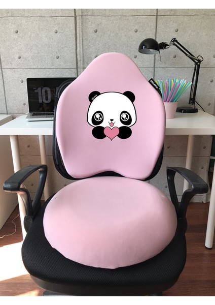 Officekup Visco Gamer Oyuncu Bel Yastığı ve Yuvarlak Oturma Minderi 2'li Set Pembe Panda