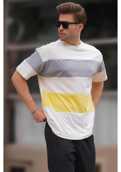 Sarı Oversize Renk Bloklu Bisiklet Yaka Baskılı Tişört 7025