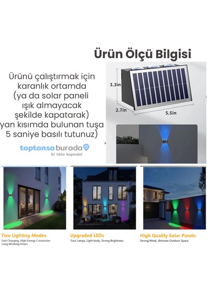 Solar Güneş Enerjili 6 Ledli Bahçe Aydınlatması Aplik Parlak Rgb Işık LED Lamba (1 Adet)
