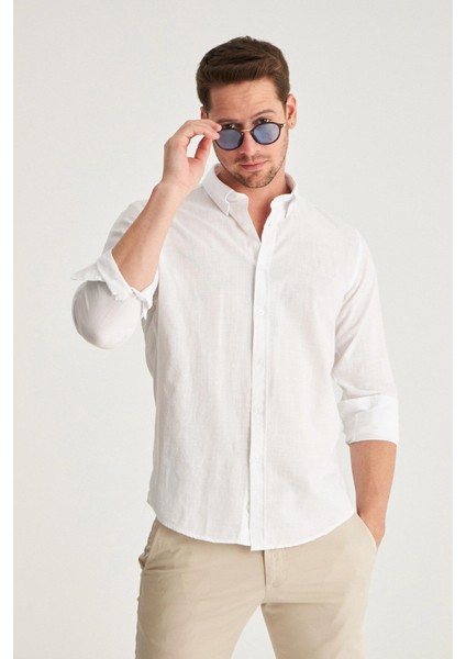 Slim Fit Ekru Düğmeli Yaka %100 Pamuk Yazlık Flamlı Keten Görünümlü Gömlek 6HC02ORT63265
