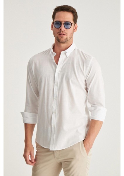 Slim Fit Ekru Düğmeli Yaka %100 Pamuk Yazlık Flamlı Keten Görünümlü Gömlek 6HC02ORT63265 fiyatları