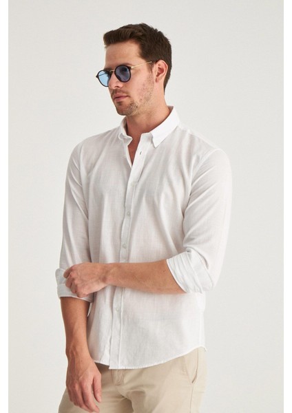 Slim Fit Ekru Düğmeli Yaka %100 Pamuk Yazlık Flamlı Keten Görünümlü Gömlek 6HC02ORT63265 modelleri