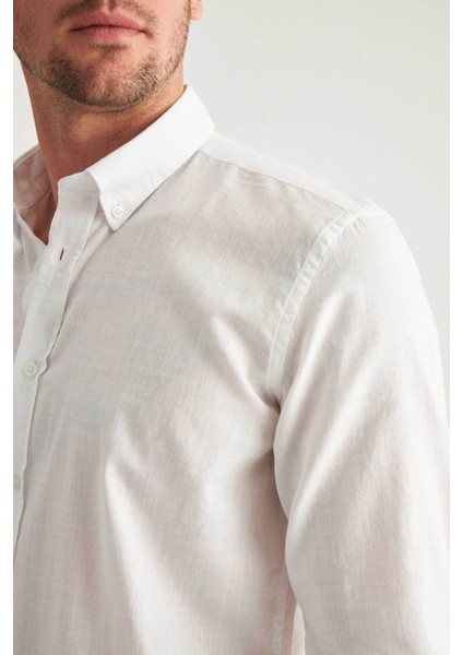 Slim Fit Ekru Düğmeli Yaka %100 Pamuk Yazlık Flamlı Keten Görünümlü Gömlek 6HC02ORT63265 fırsatları