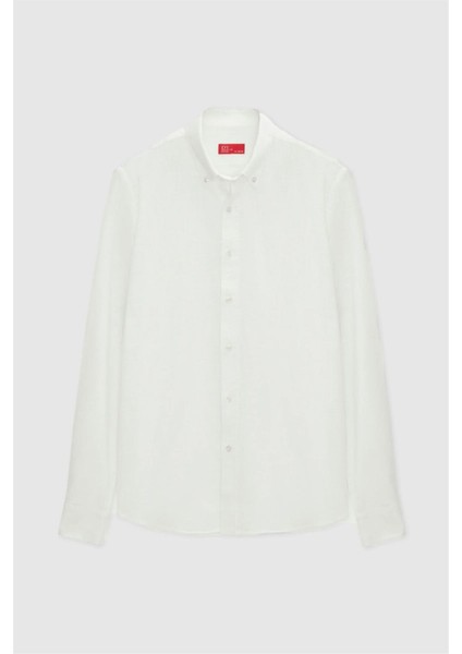 Slim Fit Ekru Düğmeli Yaka %100 Pamuk Yazlık Flamlı Keten Görünümlü Gömlek 6HC02ORT63265 indirimleri