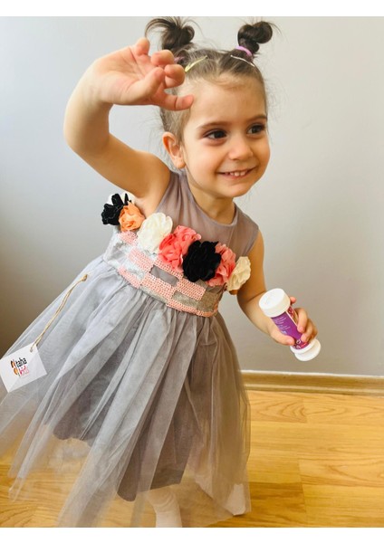 Çiçek Model Çocuk Abiye Elbise Gri
