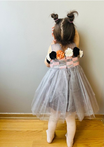 Çiçek Model Çocuk Abiye Elbise Gri fiyatları