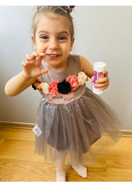 Çiçek Model Çocuk Abiye Elbise Gri modelleri