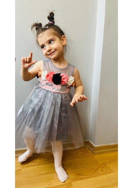 Çiçek Model Çocuk Abiye Elbise Gri fırsatları