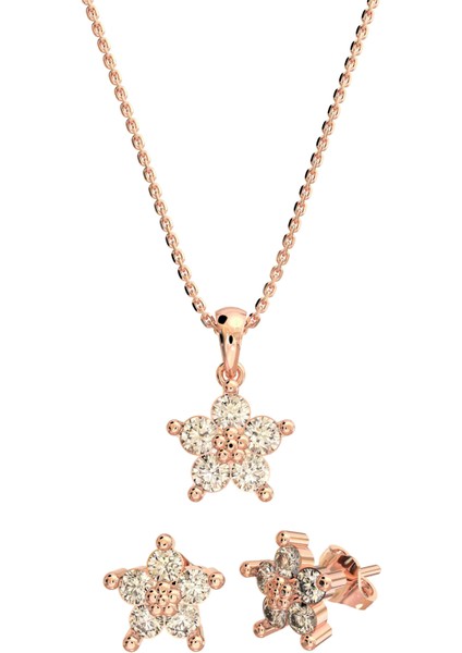 Zirkon Taşlı Rose Manolya Çiçeği Kolye Küpe 2'li Gümüş Set