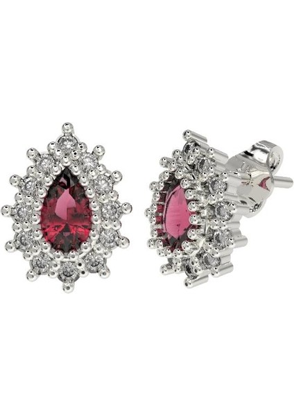 Yakut Taşlı Rodyum Damla Anturaj Minimal Çivili Gümüş Küpe