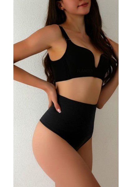 Lazer Kesim Yüksek Bel Ekstra Toparlayıcı Kadın String Tanga Külot Korse Siyah